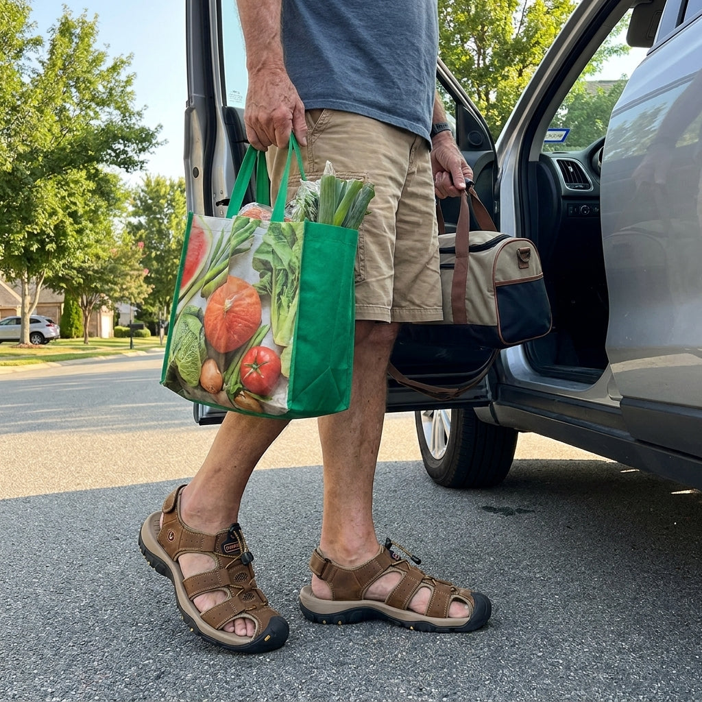 Rugged brown comfort sandal with cushioned footbed